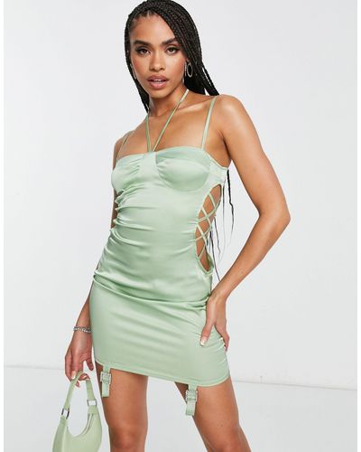 AsYou Bust Cup Lace Up Mini Dress With Garter Detail - Green
