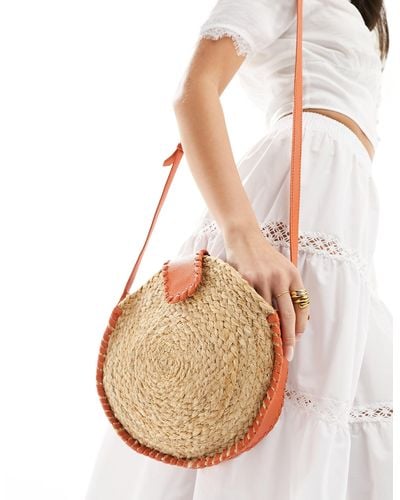 Accessorize Round Straw Bag With Orange Contrast - Natural
