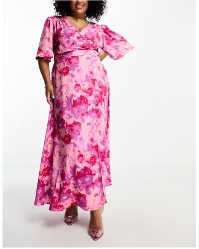 Flounce London Flutter Sleeve Wrap Satin Midi Dress - Pink