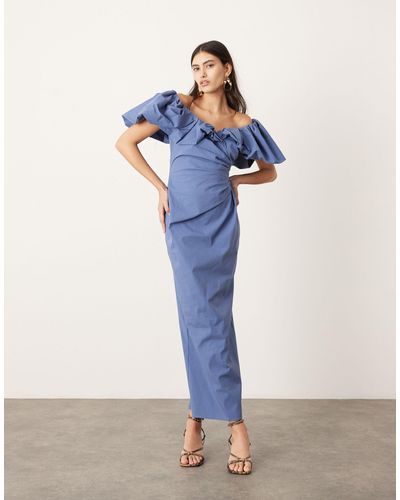 ASOS Bardot Ruched Puff Sleeve Maxi Dress - Blue
