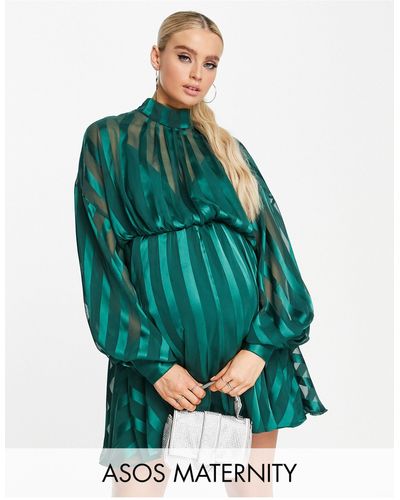 ASOS Asos Design Maternity Satin Stripe Wrap Neck Mini Dress With Blouson Sleeves - Green