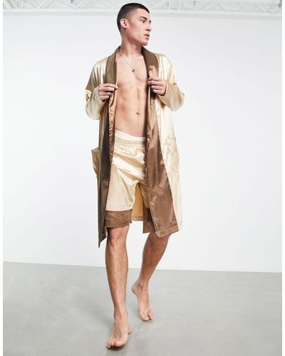 ASOS Satin Dressing Gown With Border Detail - Brown