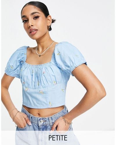 Miss Selfridge Petite Embroidered Gathered Crop Top - Blue
