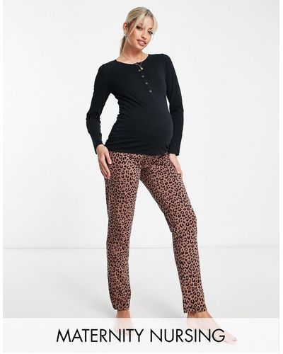 Mama.licious Mamalicious Maternity Cotton Blend Leopard Print Pyjama Set With Nursing Function - Black