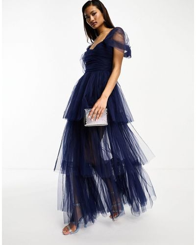 LACE & BEADS High Low Tulle Maxi Dress - Blue