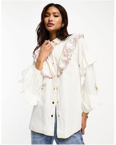 Never Fully Dressed Ruffle Sleeve Embroidered Shirt - White