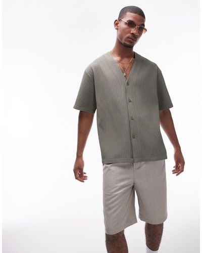 TOPMAN Short Sleeve Collarless Plisse Shirt - Gray