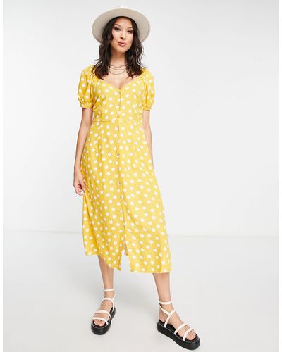 Vero Moda Short Puff Sleeve V Neck Midi Dress - Yellow