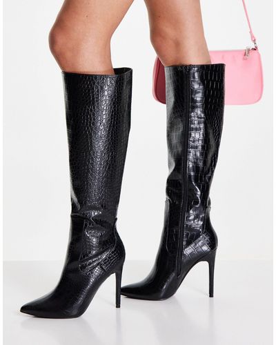 Glamorous Stivali al ginocchio con tacco, colore coccodrillo - Nero