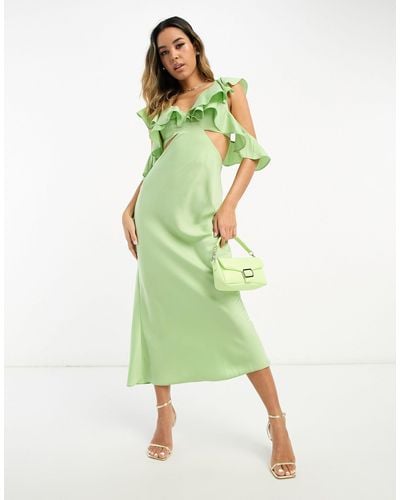 ASOS Satin Midaxi Dress With Multi Flutter Sleeves - Green