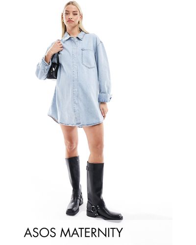 ASOS Asos design maternity - vestito camicia corto di jeans lavaggio candeggiato con tasche sul davanti - Blu