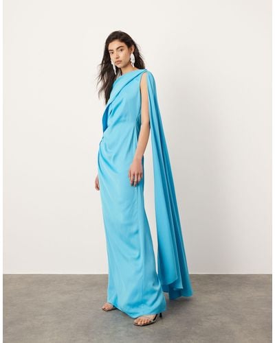ASOS Satin Drape Detail Maxi Dress With Ruched Waist - Blue