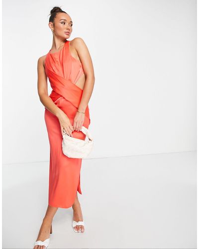 ASOS Halter Satin Midi Dress With Wrap Waist Detail - Red