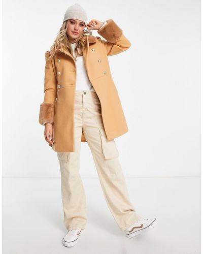 Miss Selfridge Dolly - manteau à col et bordures en fausse fourrure - fauve - Blanc