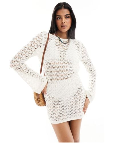 Miss Selfridge Crochet Low Back Long Sleeve Mini Dress - White