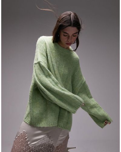 TOPSHOP Knitted Slouchy Exposed Seam Fluffy Wide Rib Jumper - Green