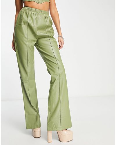 Rebellious Fashion Leather Look Flared Pants - Green