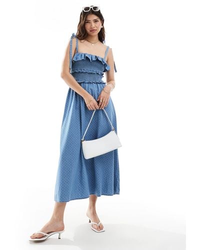 ASOS Denim Maxi Dress With Frill Detail - Blue