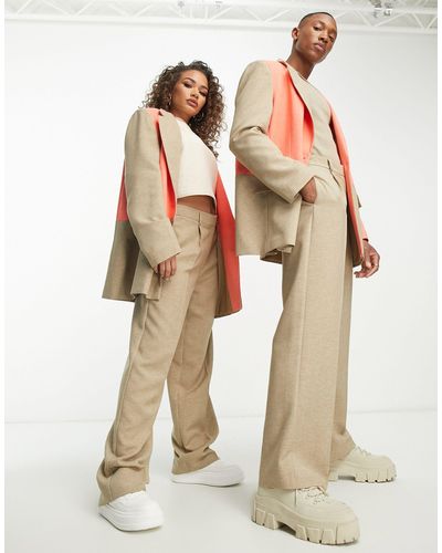 ASOS Unisex Color Block Tailored Straight Suit Pants - Natural