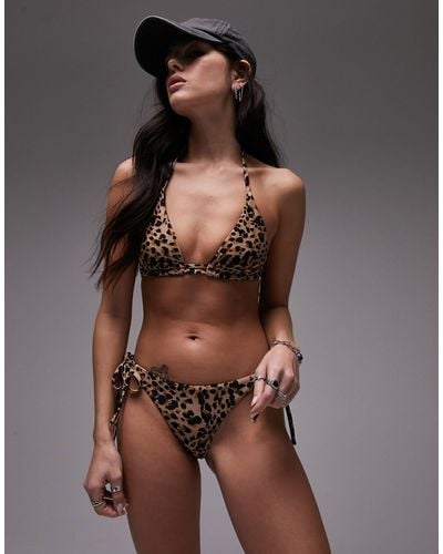 TOPSHOP – mix and match – bikinihose mit leopardenprint und seitlichem bindedetail - Braun