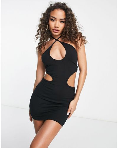Rebellious Fashion Mini-jurk Van Jersey Met Gekruiste Halternek En Uitsnijdingen - Zwart