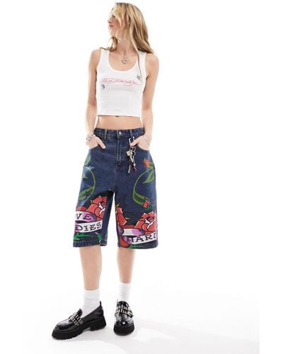 Ed Hardy Relaxed Skater Longline Denim Shorts With Peachy Bum Print - Blue