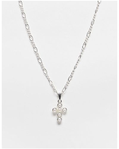 ASOS Necklace Figaro Chain With Faux Pearl Cross Pendant - Metallic