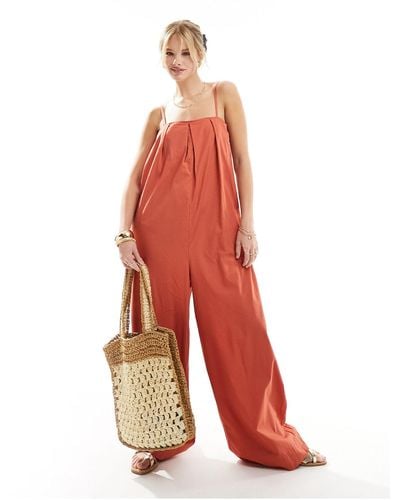 ASOS Pleated Square Neck Wide Leg Jumpsuit - Red