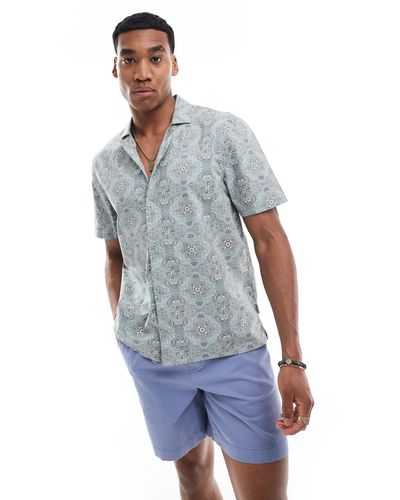 Hollister Short Sleeve Revere Collar Geometric Print Poplin Shirt Boxy Fit - Blue