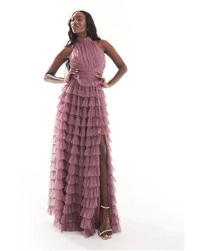 Beauut Bridesmaid High Neck Maxi Dress With Ruffle Skirt And Open Back - Purple