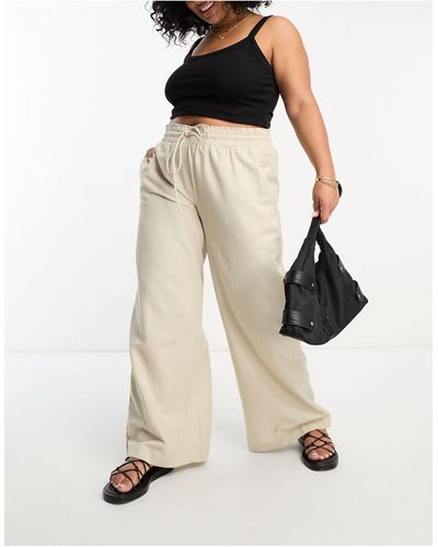 Simply Be Exclusive Tie Waist Linen Look Wide Leg Trouser - White