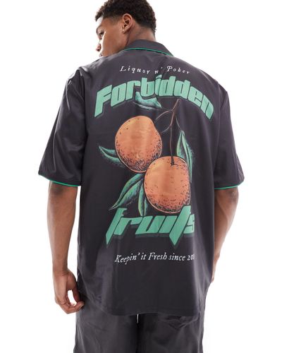 Liquor N Poker Co-ord Revere Collar Shirt With Fruit Back Print - Grey