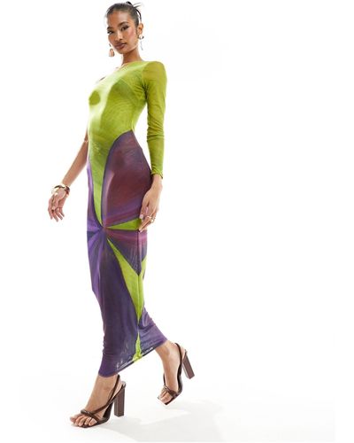 FARAI LONDON Nyx - robe moulante longue asymétrique en tulle - violet et citron vert à fleurs - Multicolore