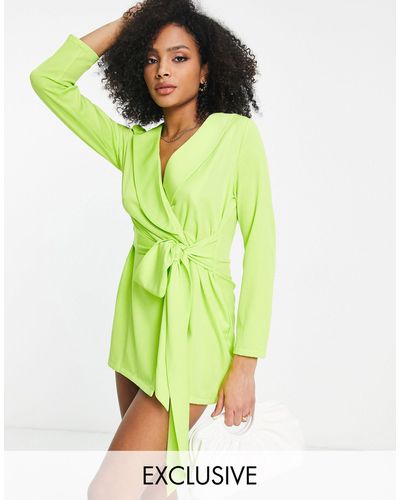 In The Style Exclusive Tie Front Blazer Dress - Green