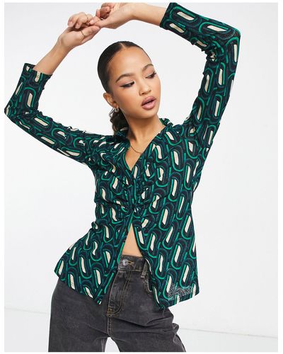 New Look Camicia trasparente arricciata con stampa geometrica - Verde