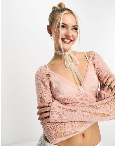 Collusion Open Stitch Ballet Wrap Distressed Cardigan - Pink