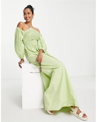 Vila Exclusive Halterneck Shirred Maxi Dress With Cut Out Front - Green