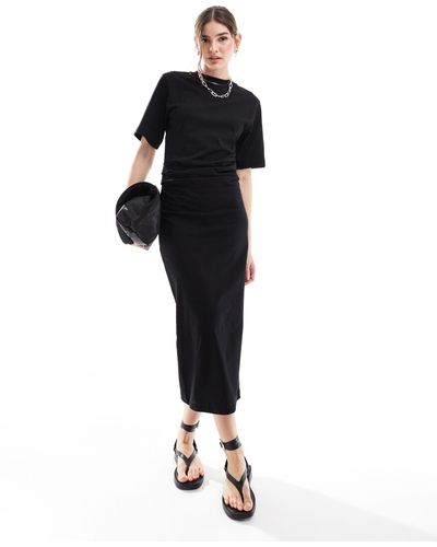 ASOS Short Sleeve Gathered Waist With Side Split Maxi Dress - Black