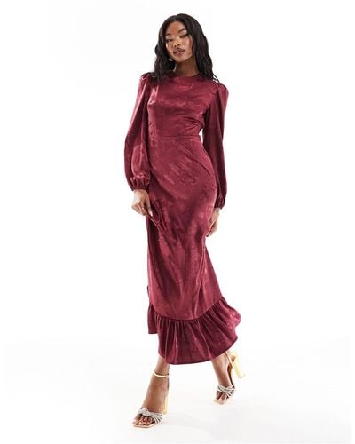 Flounce London Ruffle Hem Satin Maxi Dress - Red