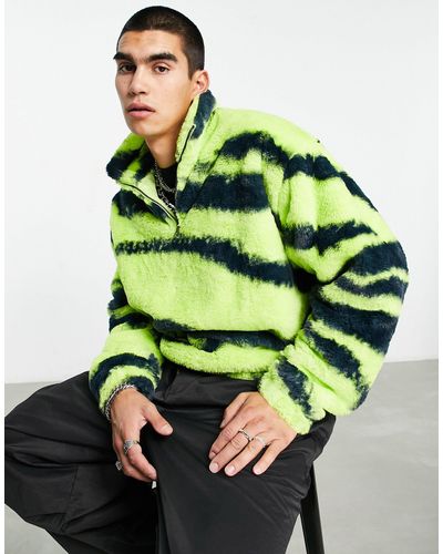 ASOS Oversized Half Zip Faux Fur Sweatshirt With Green Zebra Print - Yellow