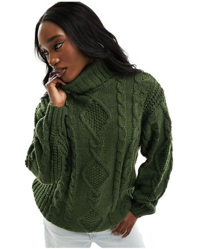 Monki Heavy Cable Knitted Roll Neck Sweater - Green