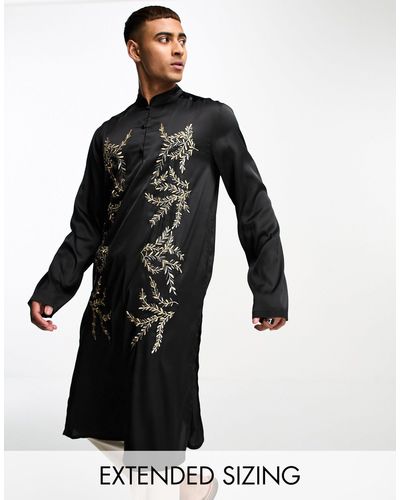 ASOS Kurta Longline Satin Shirt With Metallic Floral Embroidery - Black