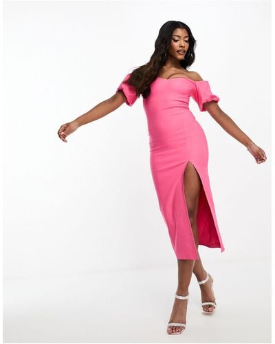 Vesper Bardot Puff Sleeve Midi Dress - Pink