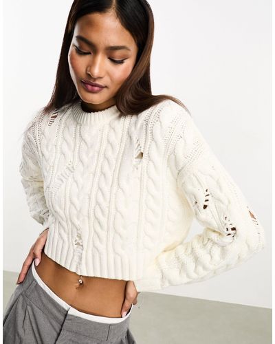 Bershka Laddered Cable Knit Jumper - White