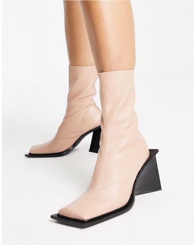 TOPSHOP Halo Premium Leather Square Toe Heeled Boot - Natural