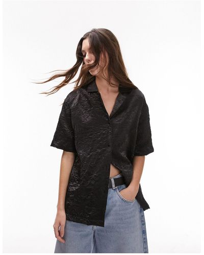 TOPSHOP Crinkle Satin Resort Shirt - Black