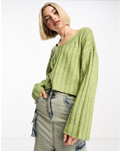 Noisy May Slouchy V-neck Wide Rib Knit Sweater - Green