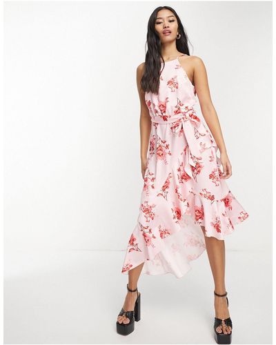 Style Cheat Vestido midi color rubor con estampado floral, cuello halter y volantes - Rosa