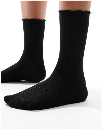 Vero Moda Ribbed Glitter Socks With Frill Edge - Black