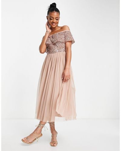 Beauut Bridesmaid Bardot Embellished Midi Dress - Grey